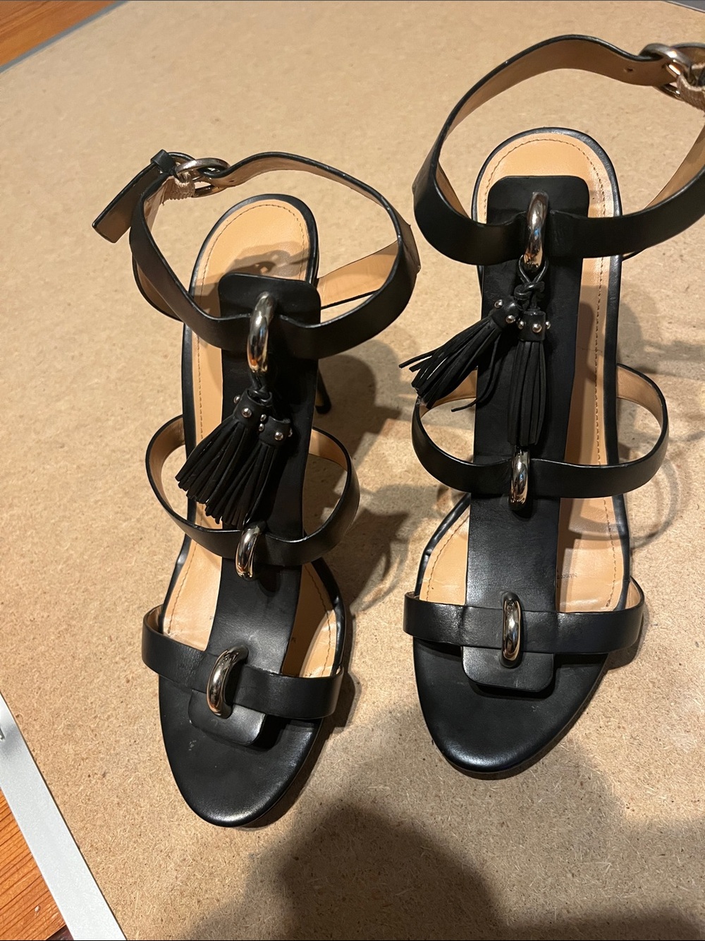 Enzo Angelini Black Leather Strappy Tassel Heels